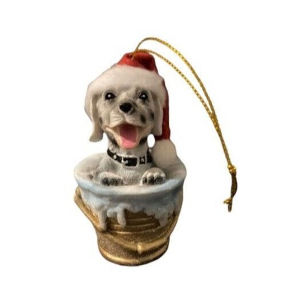 Dalmatian Dog Christmas Ornament With Santa Hat Bucket Polyresin Holiday NEW